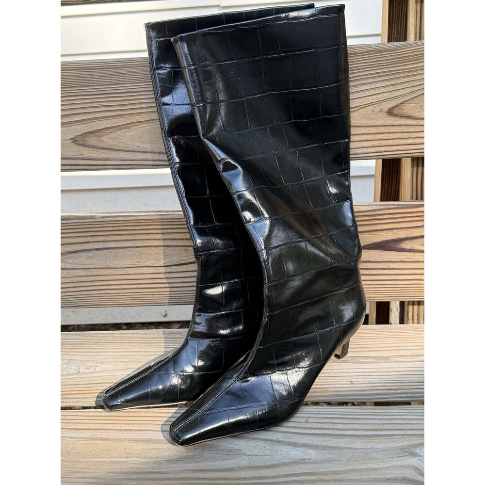 ZARA, EU 40 / US 9, black mock-croc knee-high boots with a 2” kitten heel
